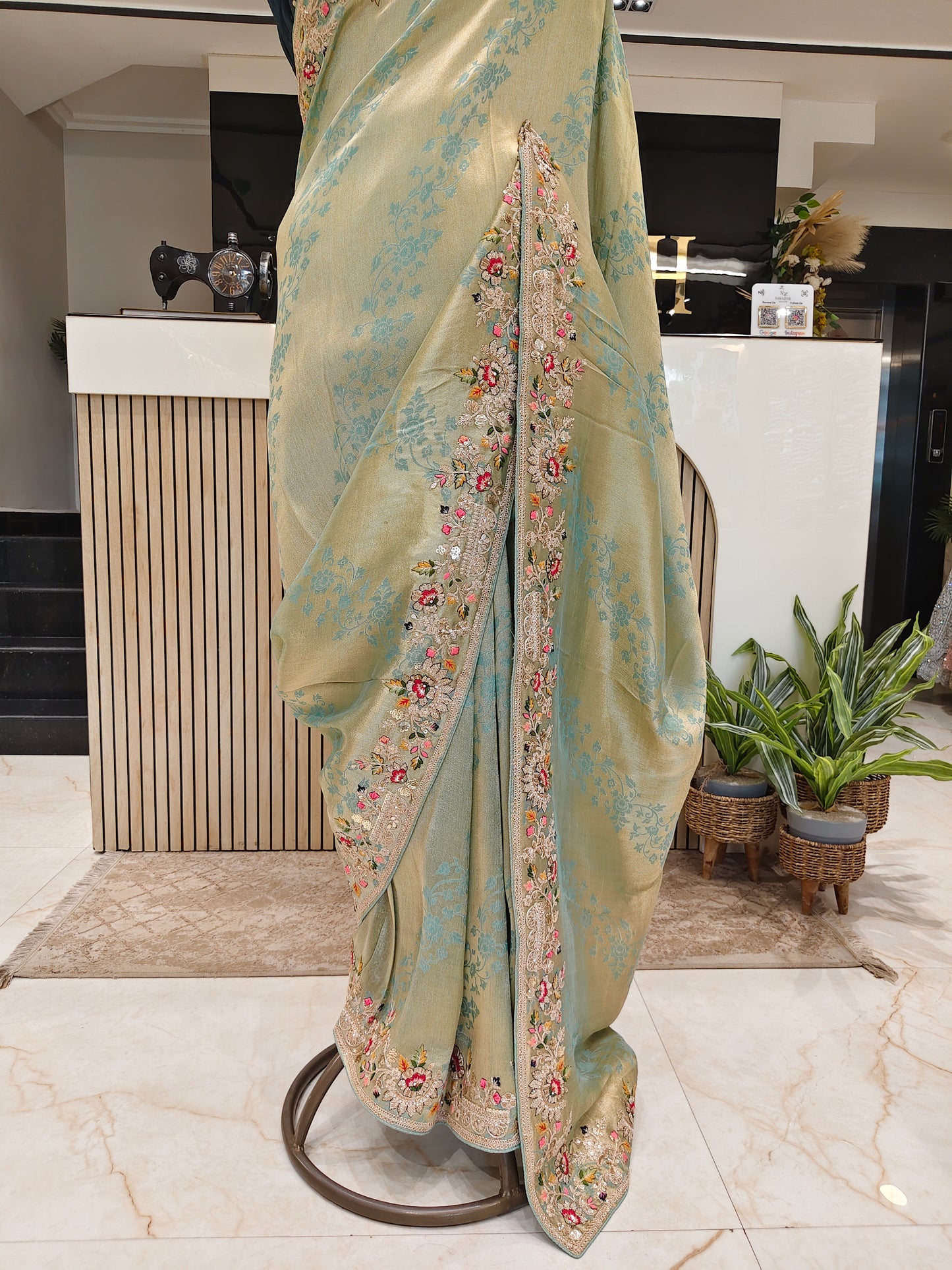Mint Green & Blue Jacquard Tissue Saree