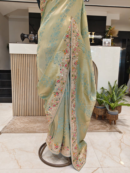 Mint Green & Blue Jacquard Tissue Saree