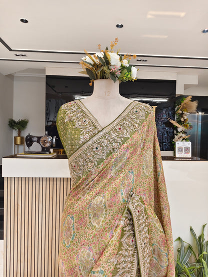 Mehndi Green Jacquard Tissue Saree