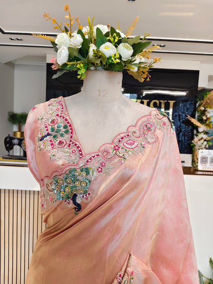 Baby Pink Jacquard Tissue Saree