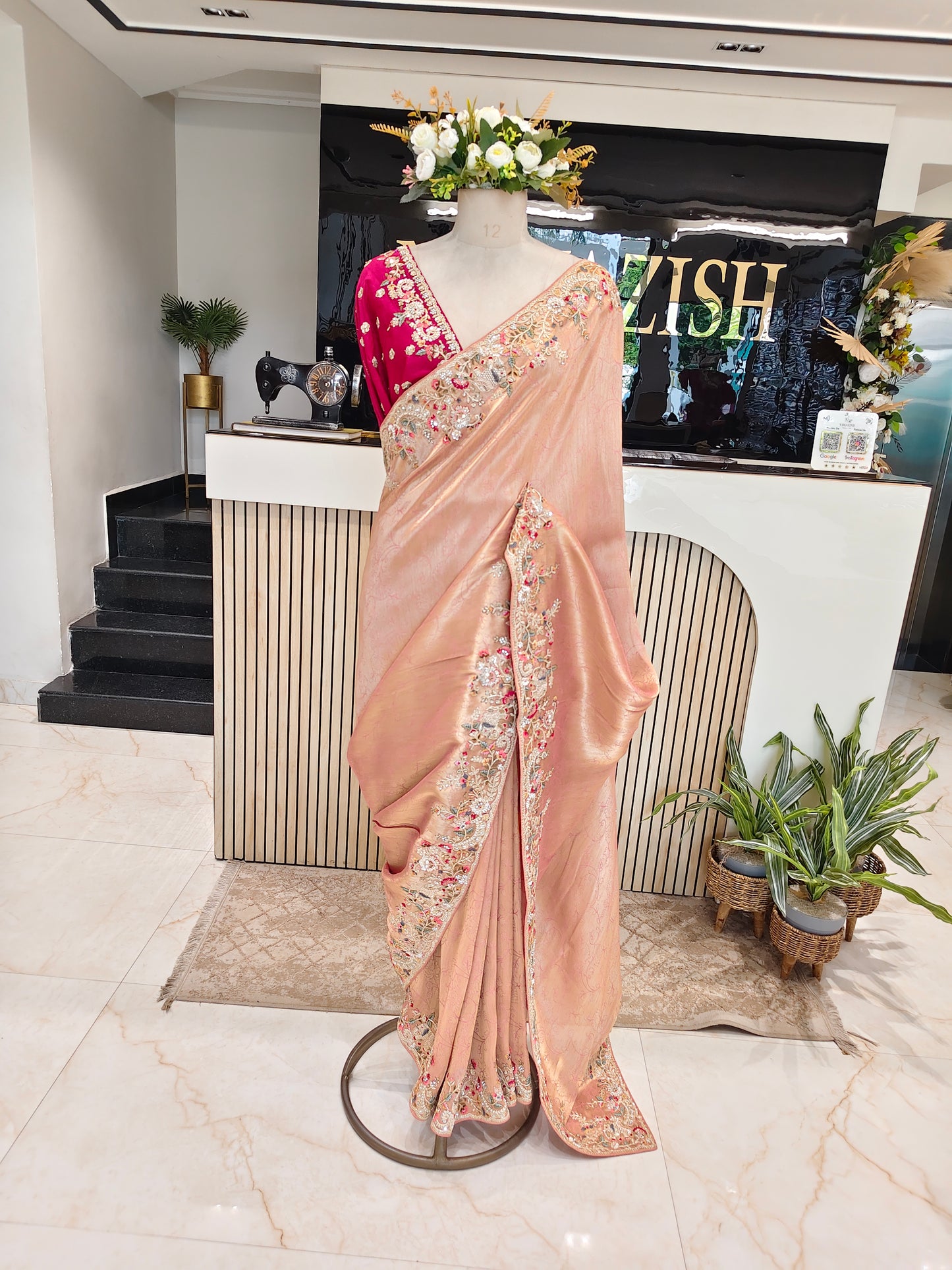 Pink & Cherry Red Jacquard Tissue Saree