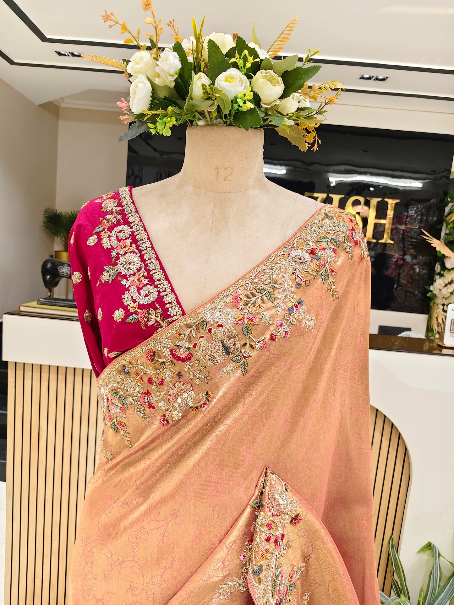 Pink & Cherry Red Jacquard Tissue Saree