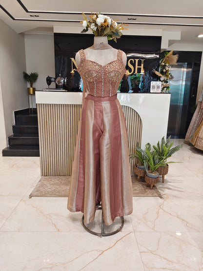 Rose Gold Jacquard Tissue Indo-Western Set