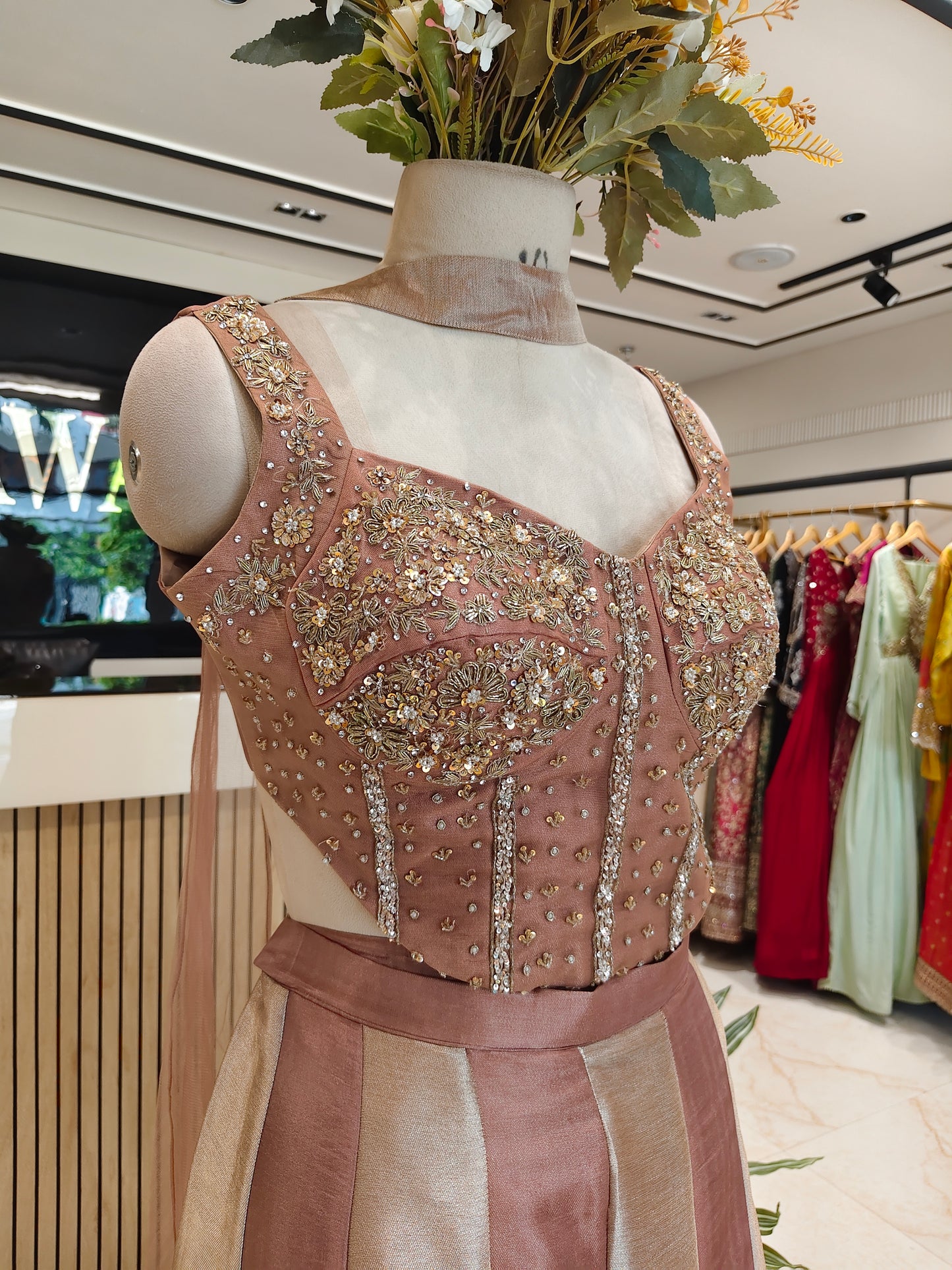 Rose Gold Jacquard Tissue Indo-Western Set
