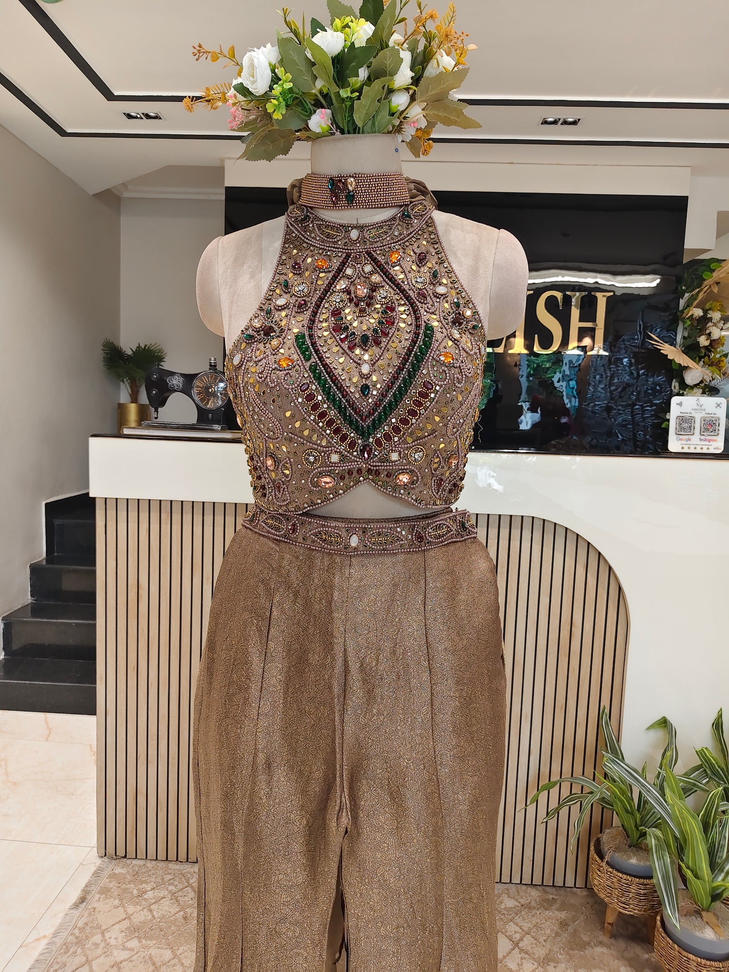 Rose Gold Jacquard Tissue Indo-Western Set