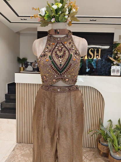 Rose Gold Jacquard Tissue Indo-Western Set