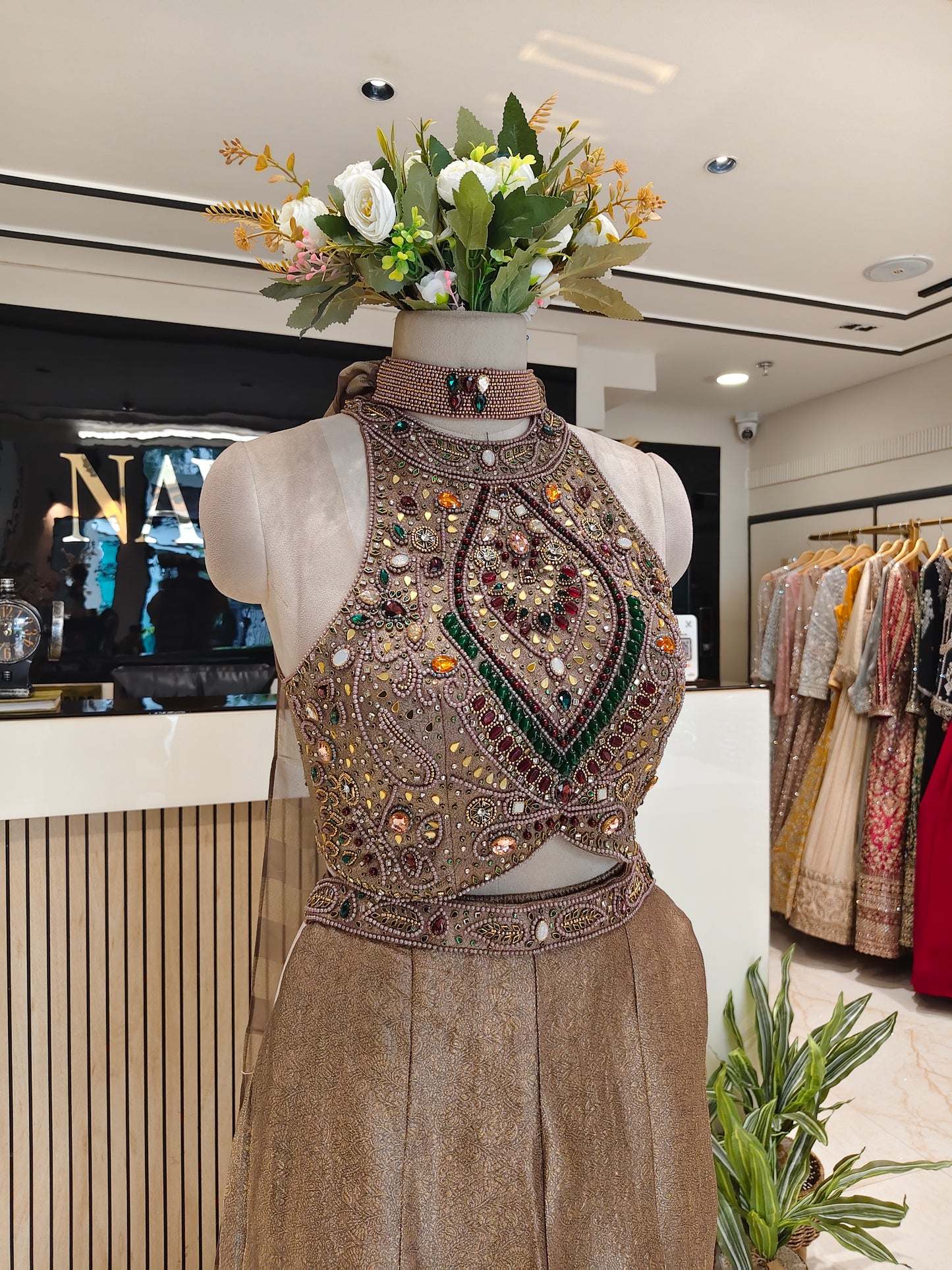 Rose Gold Jacquard Tissue Indo-Western Set