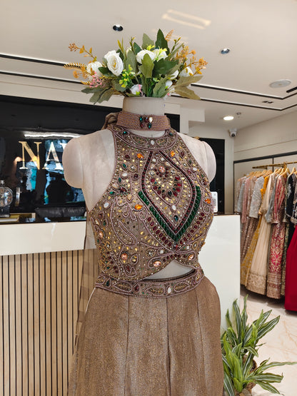 Rose Gold Jacquard Tissue Indo-Western Set