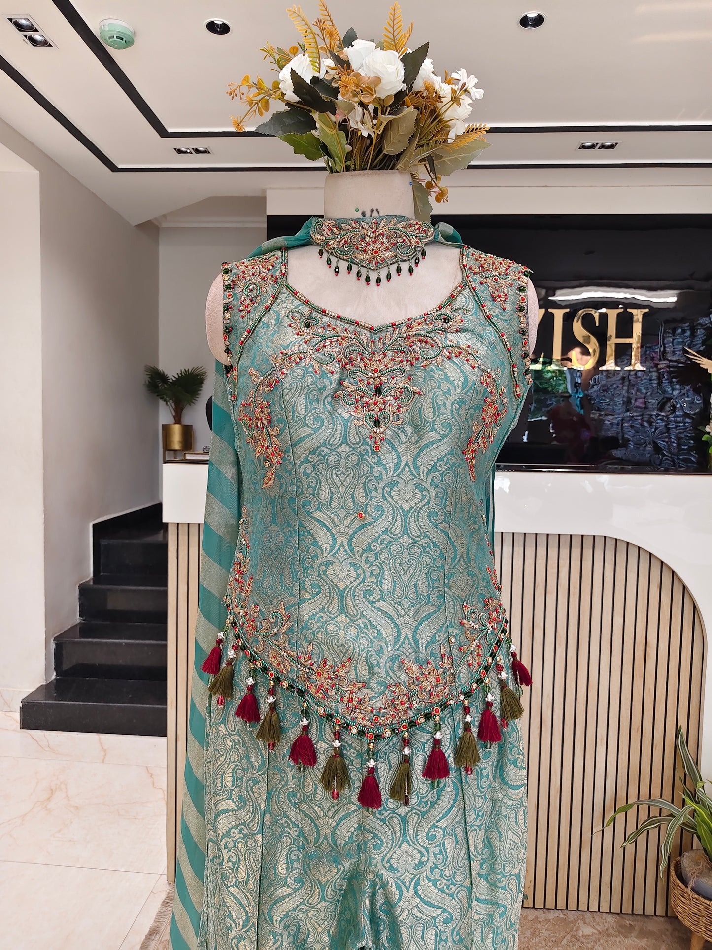 Sea Green Self Tissue Indo-Western Set