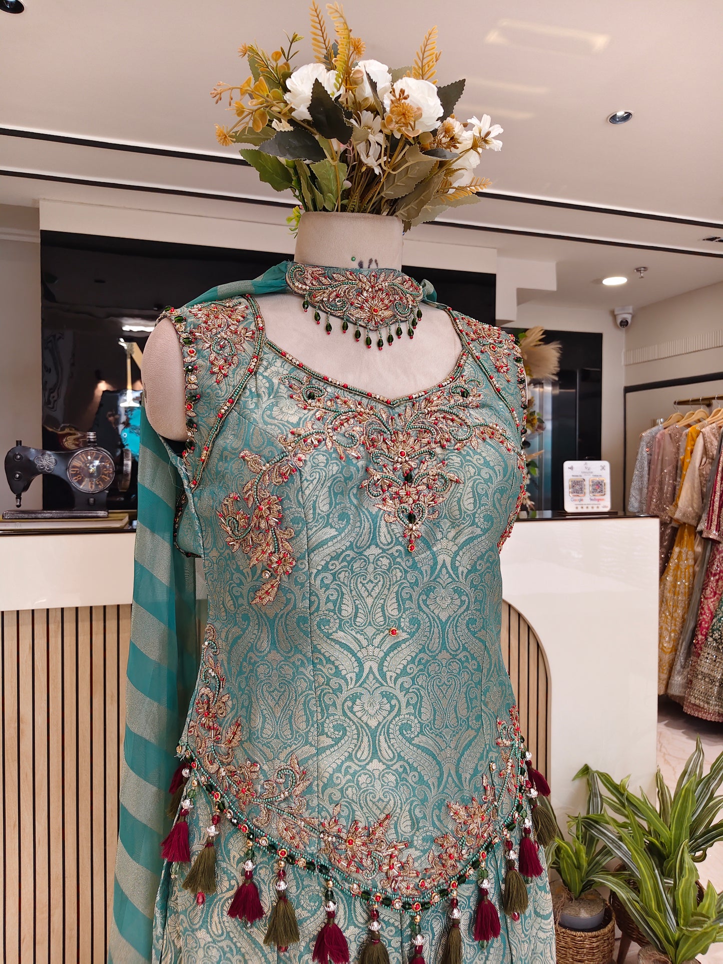 Sea Green Self Tissue Indo-Western Set