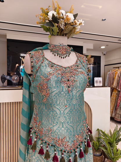 Sea Green Self Tissue Indo-Western Set