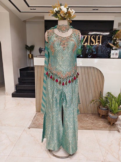 Sea Green Self Tissue Indo-Western Set