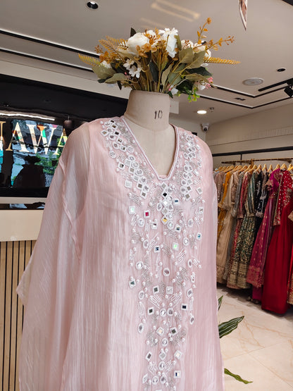 Baby Pink Crush Tissue A-Line Kurta Set