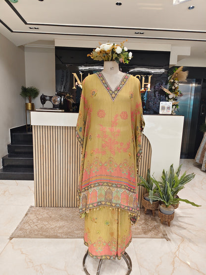 Mehndi Green Crush Tissue Indo-Western Kaftan