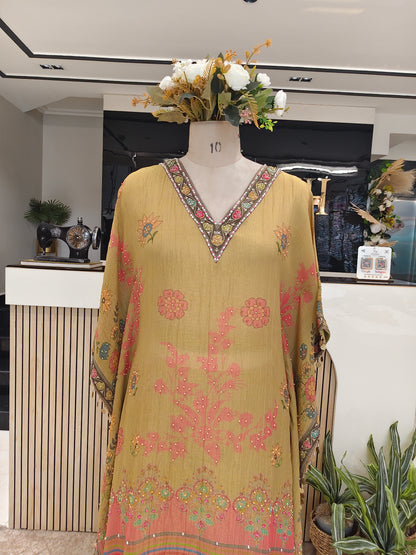 Mehndi Green Crush Tissue Indo-Western Kaftan