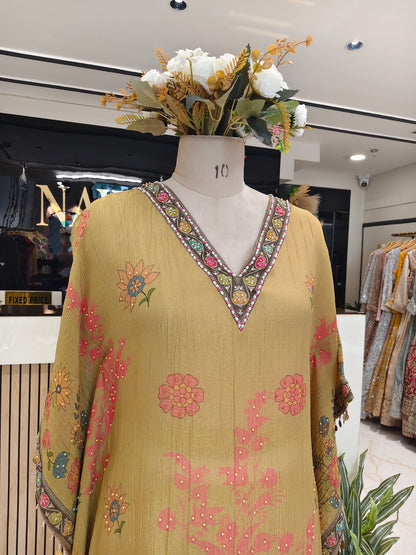 Mehndi Green Crush Tissue Indo-Western Kaftan