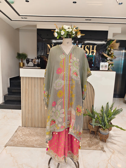 Sea Green & Pink Crush Tissue Indo-Western Kaftan
