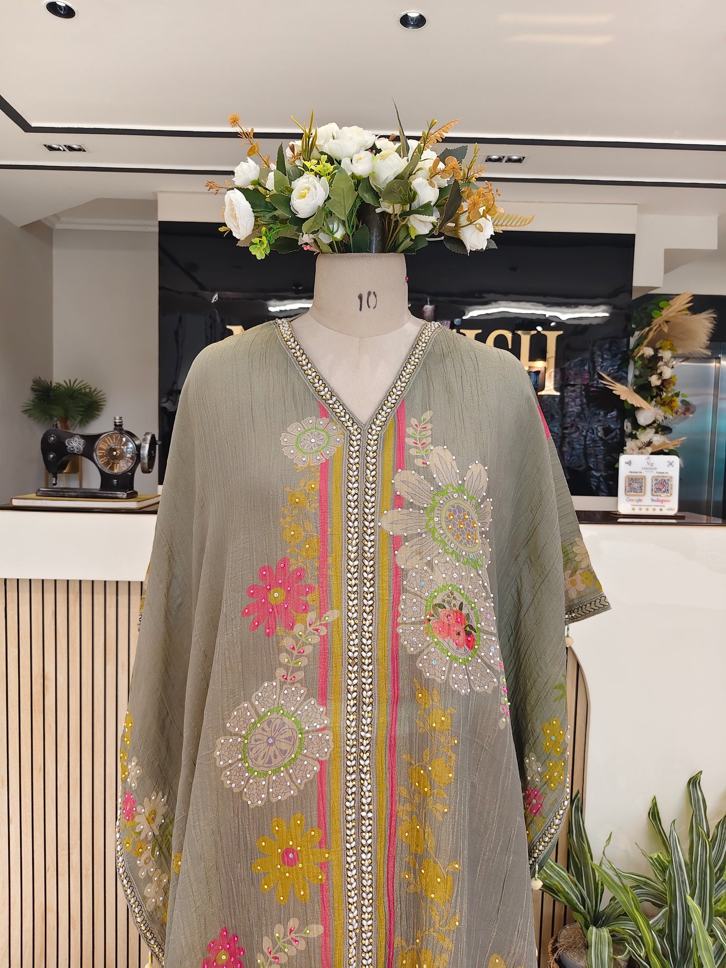 Sea Green & Pink Crush Tissue Indo-Western Kaftan