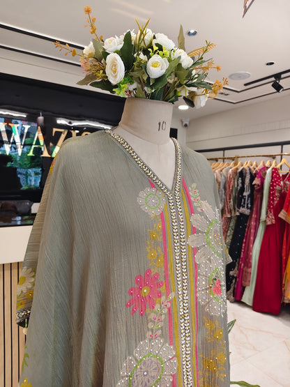Sea Green & Pink Crush Tissue Indo-Western Kaftan