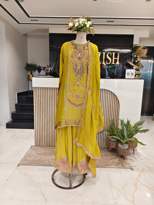 Neon Green Dola Silk Sharara Set