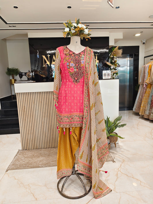 Peach & Pink Crepe Sharara Set