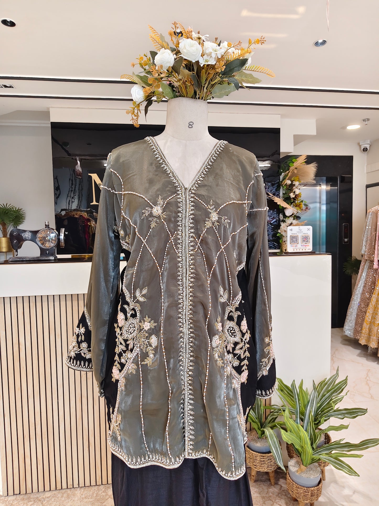 Grey & Black Glass Tissue Indo-Western Set
