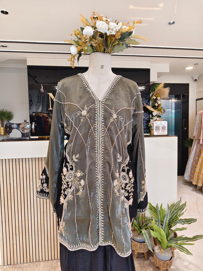 Grey & Black Glass Tissue Indo-Western Set