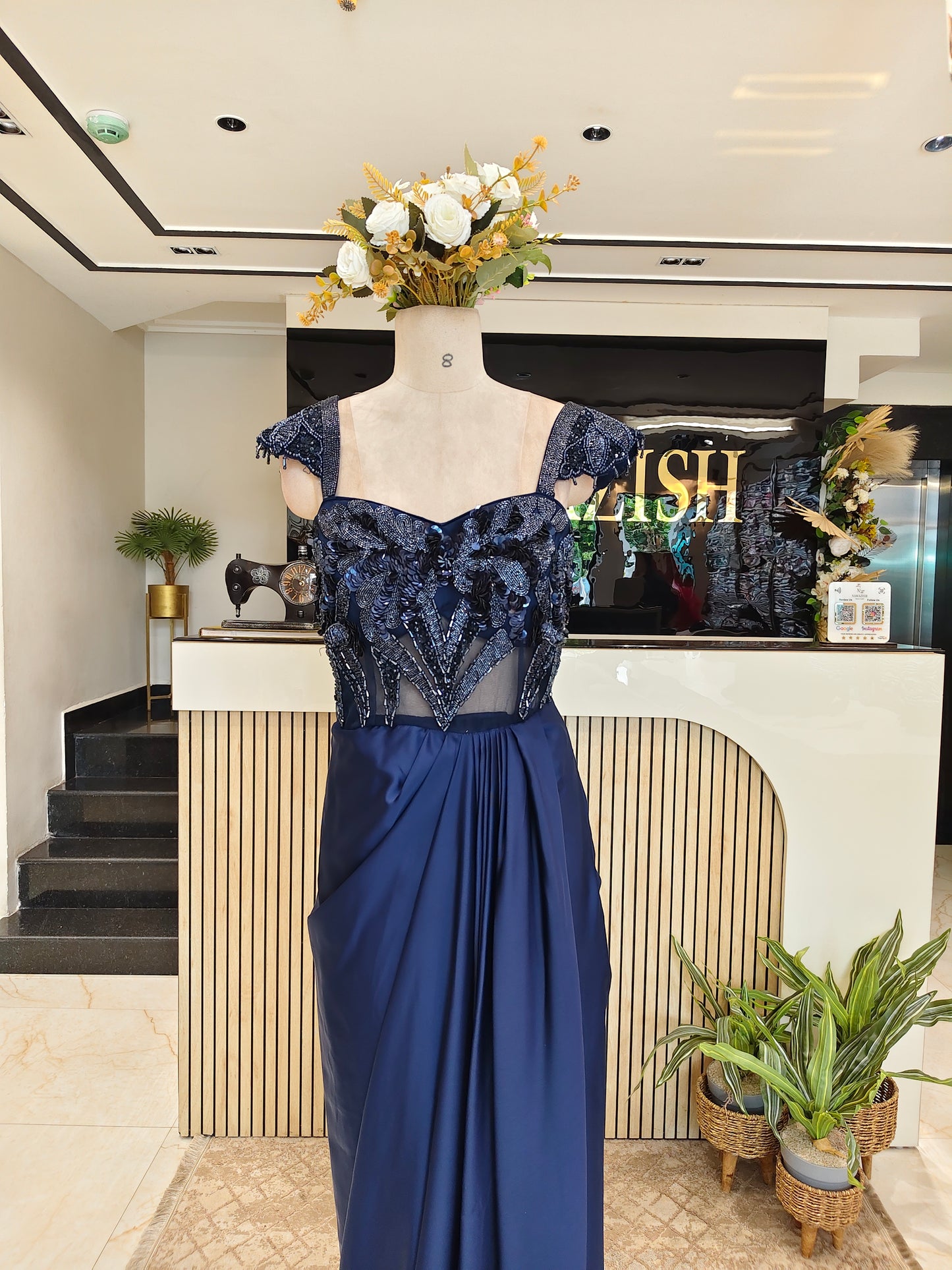 Navy Blue Satin Gown