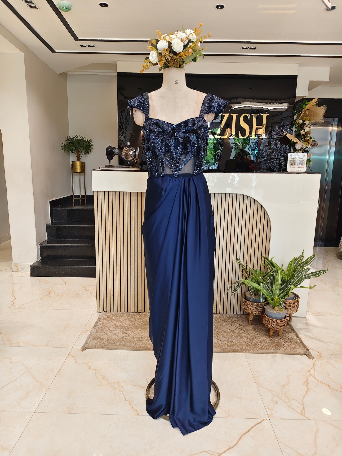 Navy Blue Satin Gown