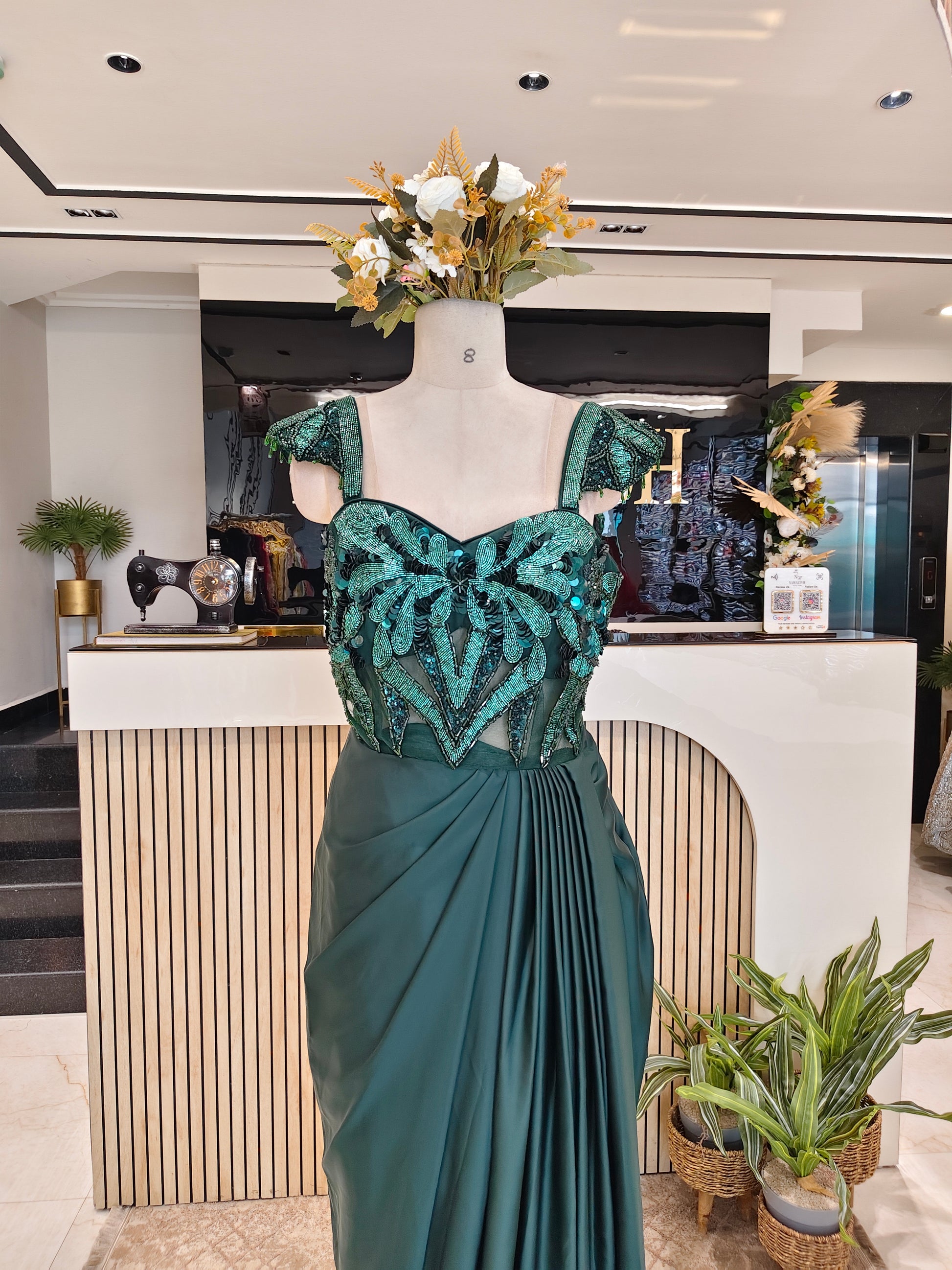 Bottle Green Satin Gown
Designer Satin Party Gown
Sequins Cutdana Work Gown
Reception Wear Designer Gown
Luxury Ethnic Gown