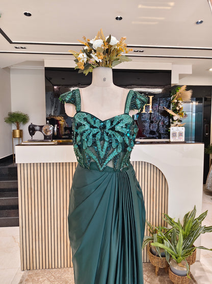 Bottle Green Satin Gown
Designer Satin Party Gown
Sequins Cutdana Work Gown
Reception Wear Designer Gown
Luxury Ethnic Gown