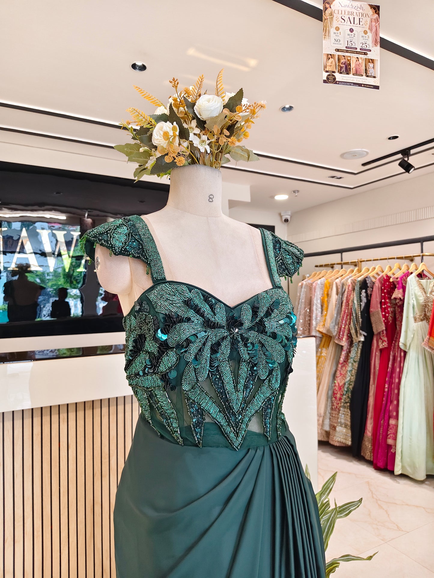 Bottle Green Satin Gown
