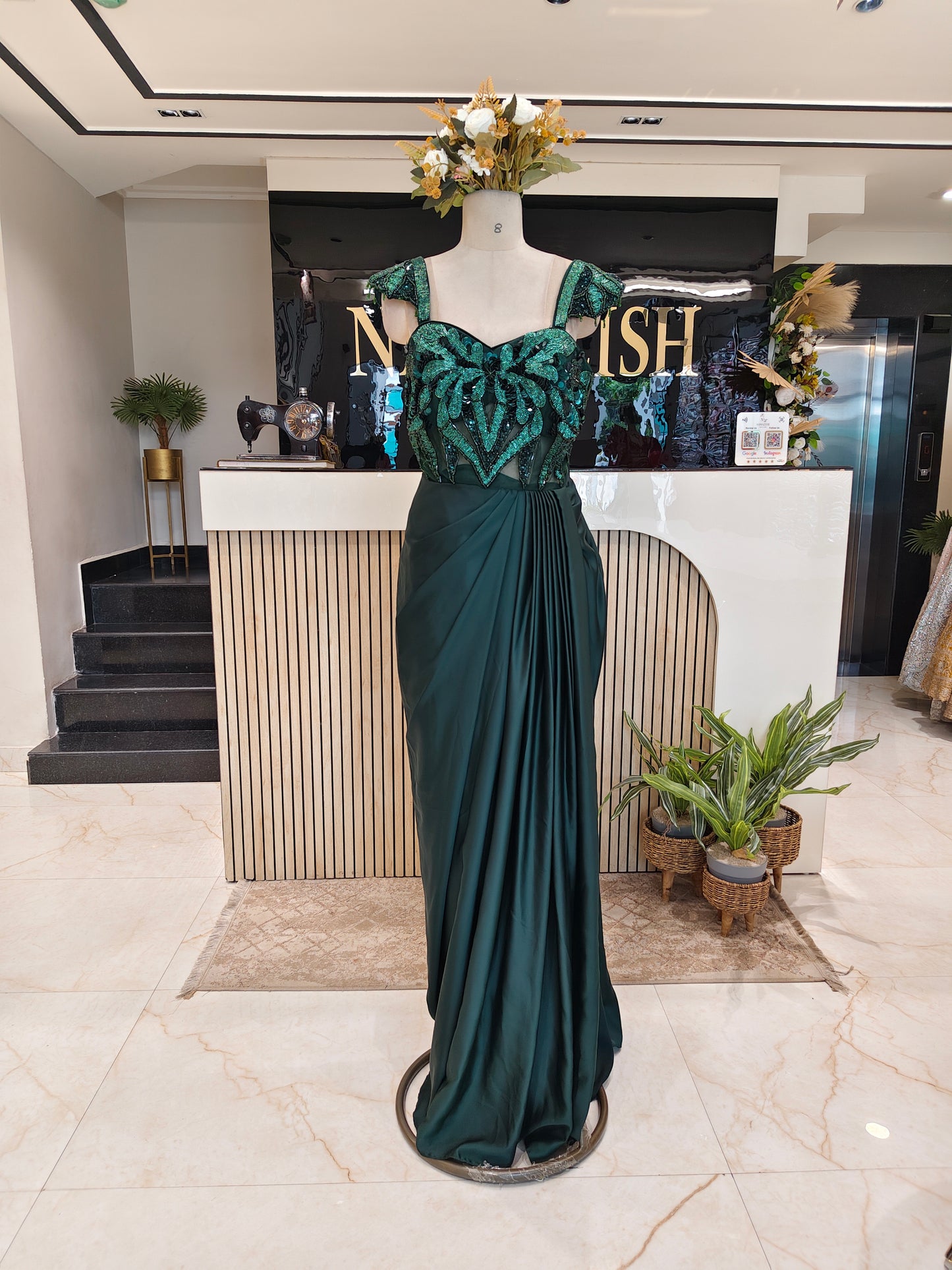 Bottle Green Satin Gown