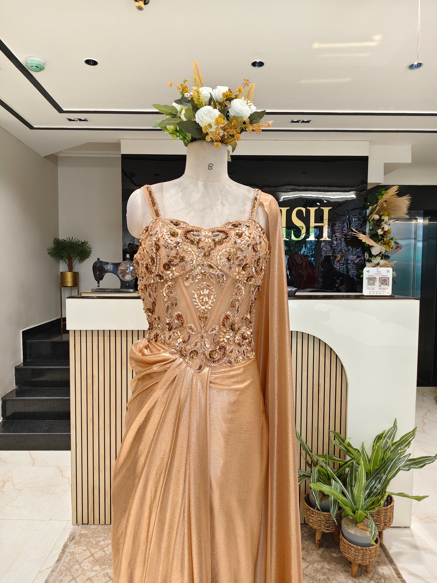 Peach Gold Lycra Indo-Western Gown