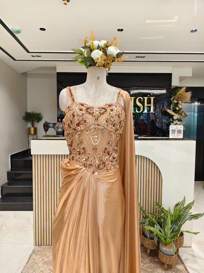 Peach Gold Lycra Indo-Western Gown
