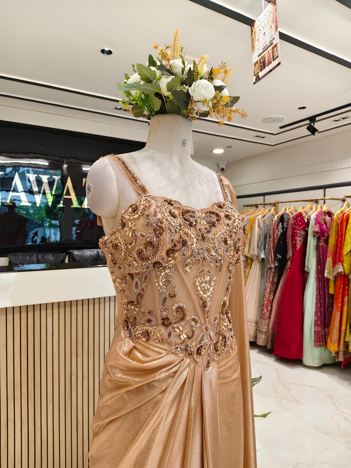 Peach Gold Lycra Indo-Western Gown