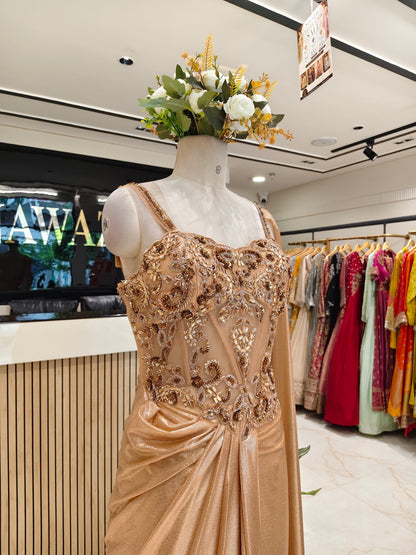 Peach Gold Lycra Indo-Western Gown