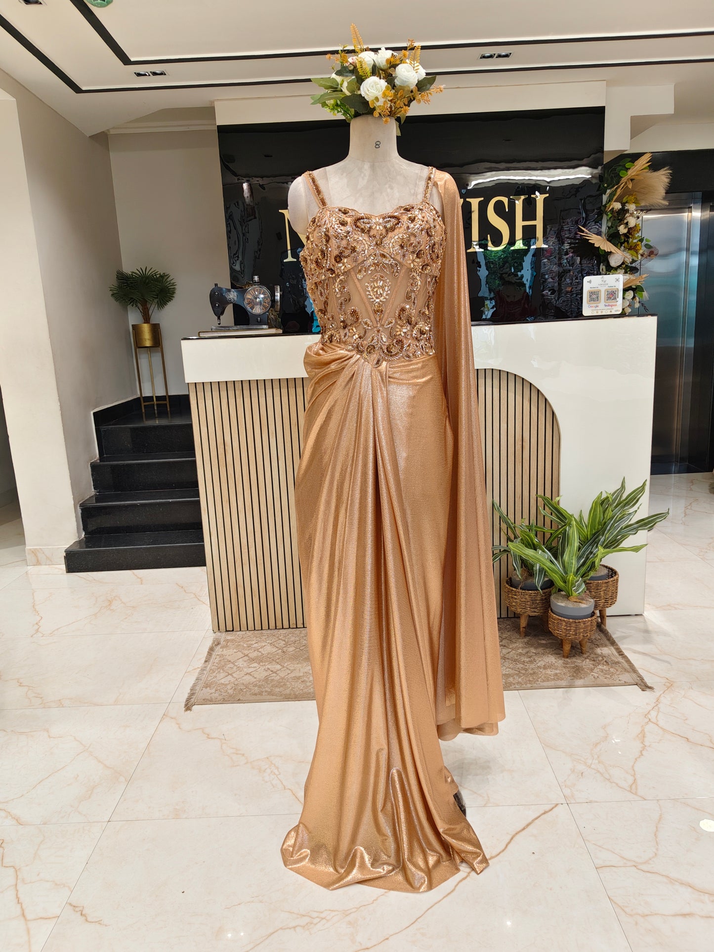 Peach Gold Lycra Indo-Western Gown