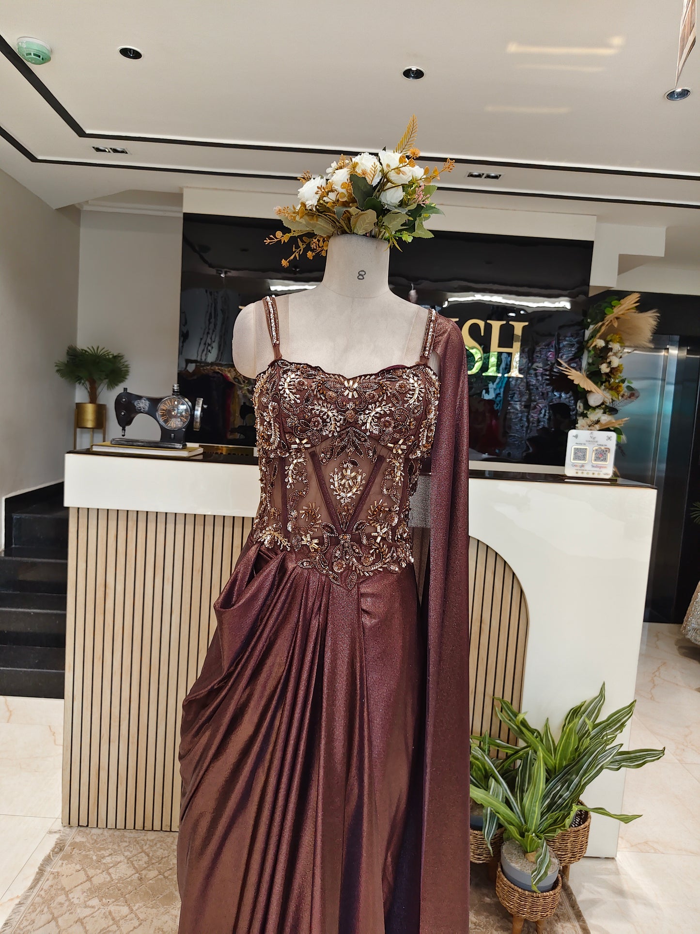 Brown Lycra Indo-Western Gown