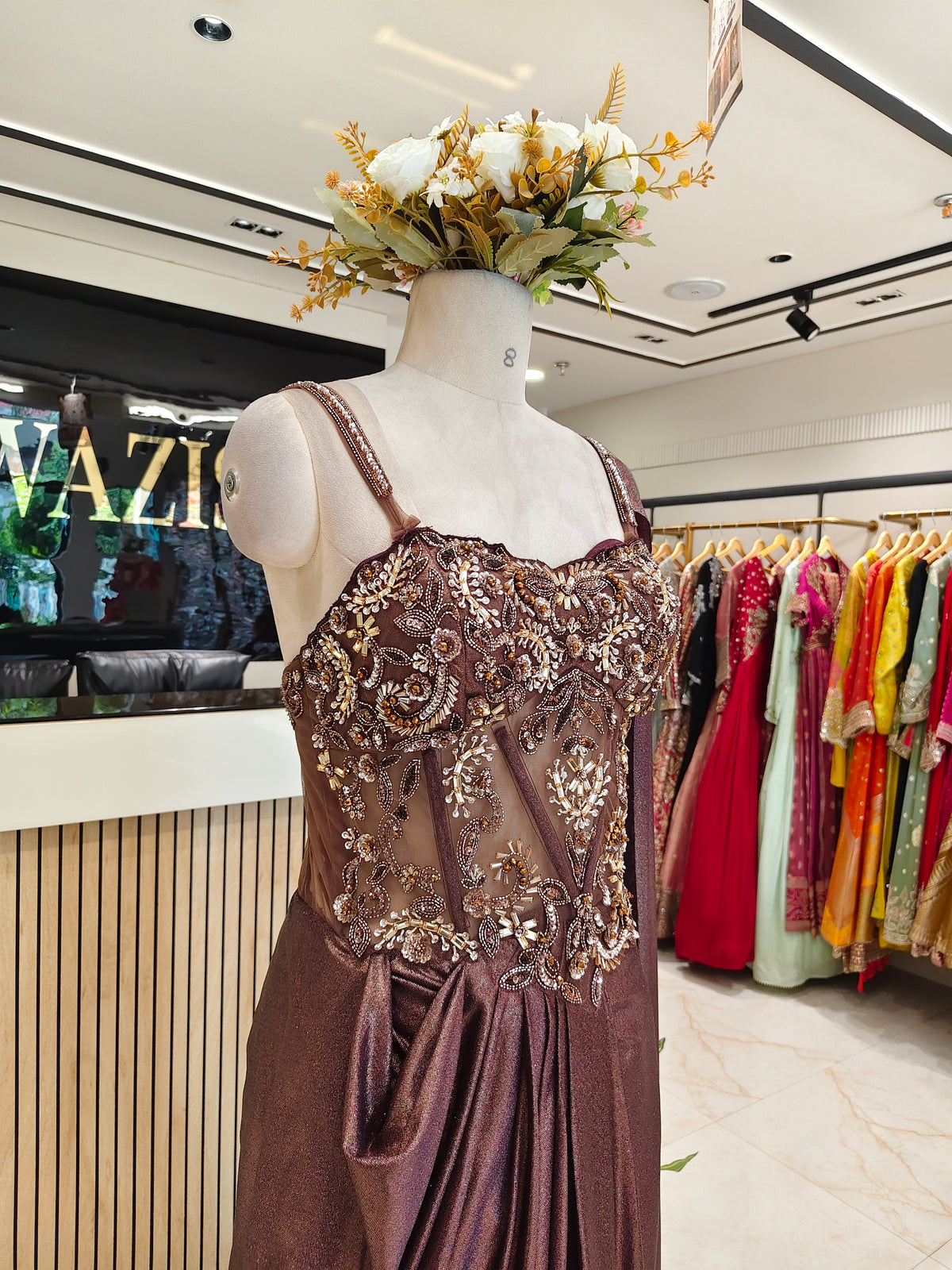 Brown Lycra Indo-Western Gown