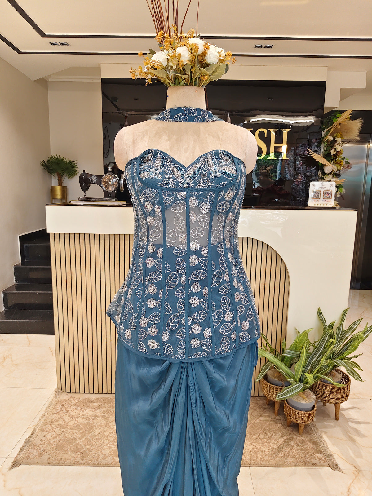 Teal Blue Net Lycra Co-ord Set