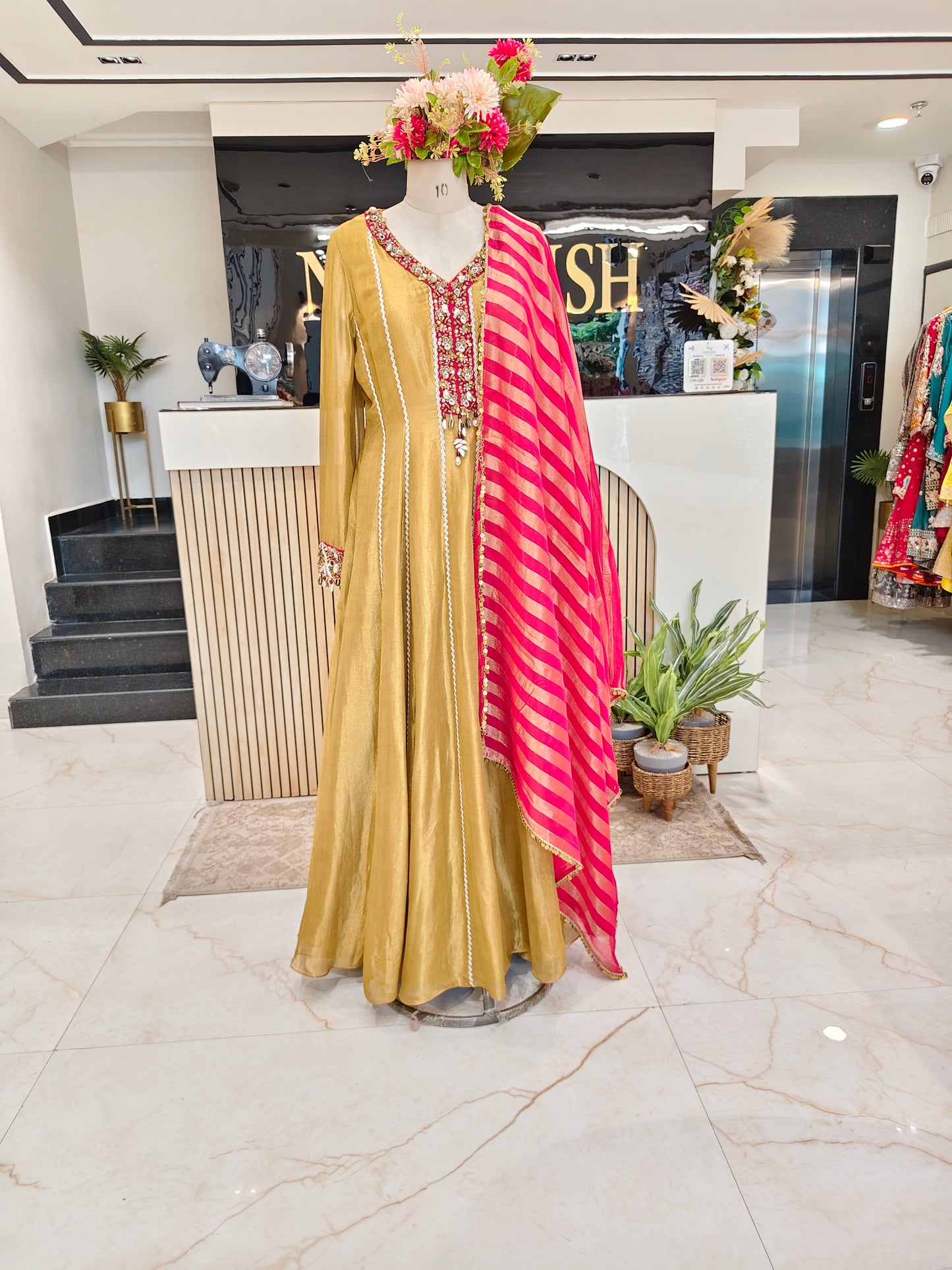 Rose Gold & Hot Pink Tissue Anarkali Set