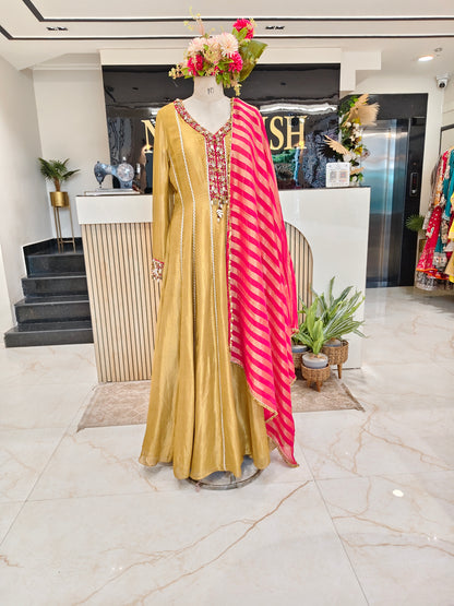 Rose Gold & Hot Pink Tissue Anarkali Set