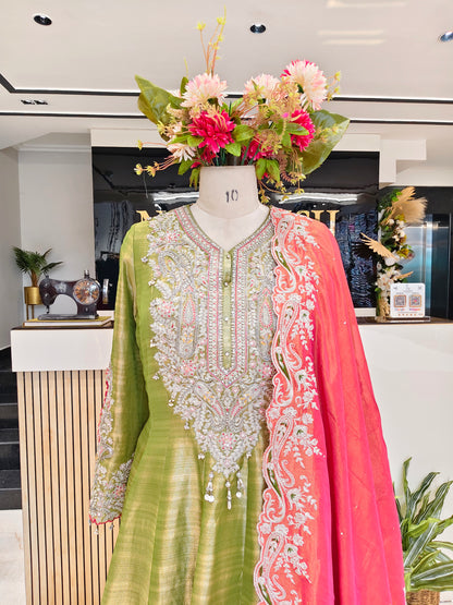 Green & Hot Pink Tissue Anarkali Set