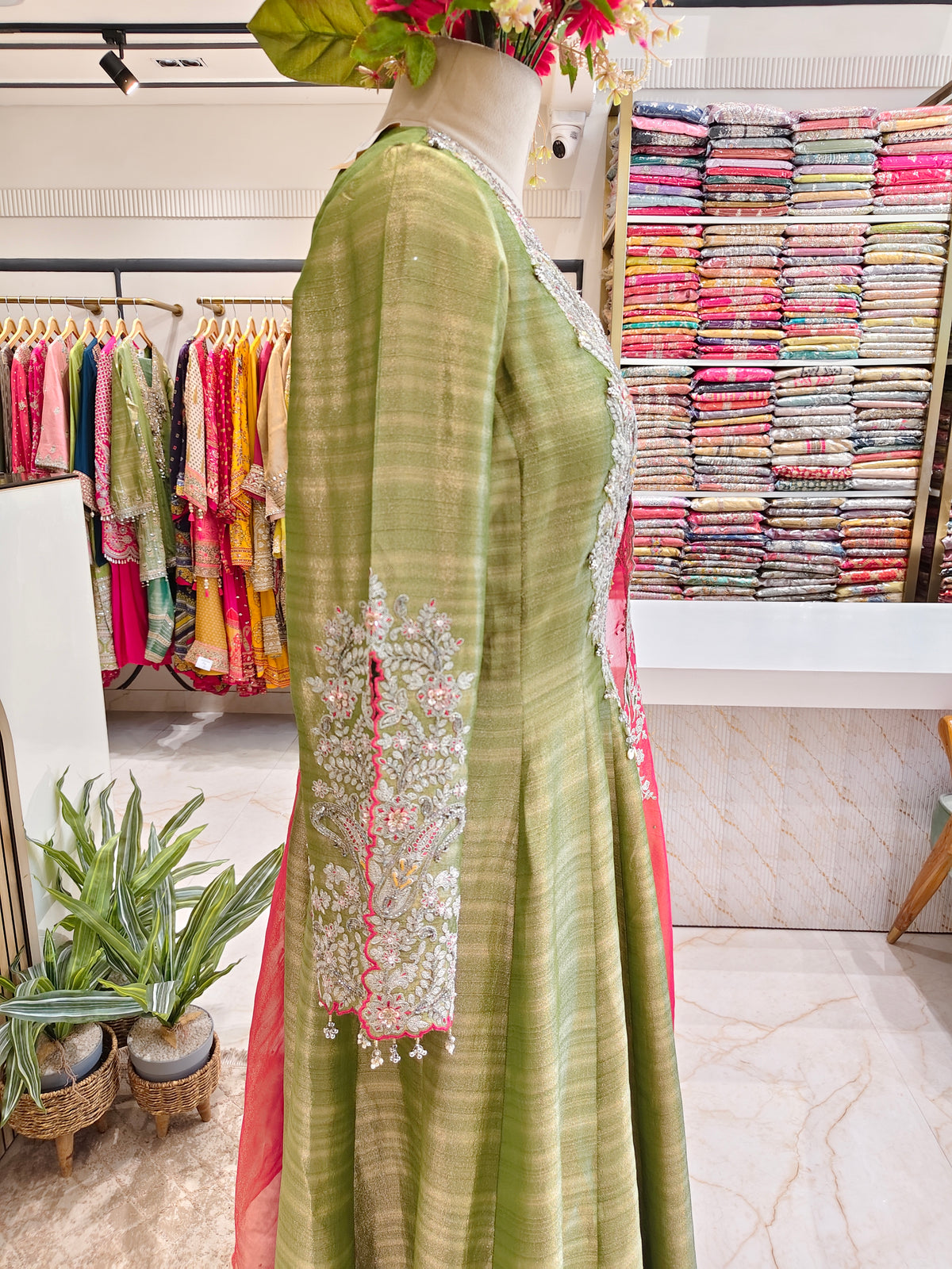 Green & Hot Pink Tissue Anarkali Set