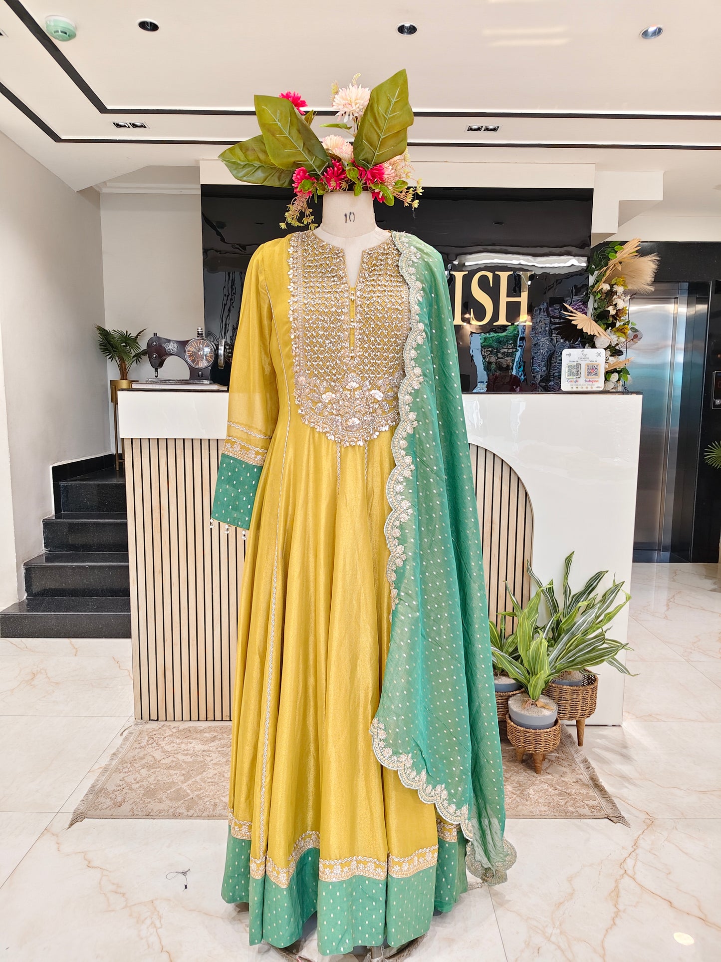 Neon Green & Sea Green Tissue Anarkali Set
