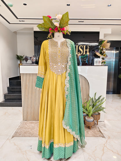 Neon Green & Sea Green Tissue Anarkali Set