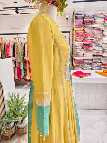 Neon Green & Sea Green Tissue Anarkali Set