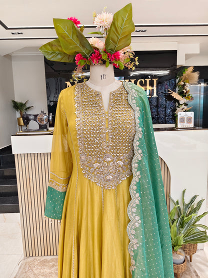 Neon Green & Sea Green Tissue Anarkali Set