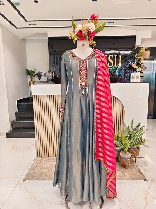 Grace Blue & Hot Pink Tissue Anarkali Set